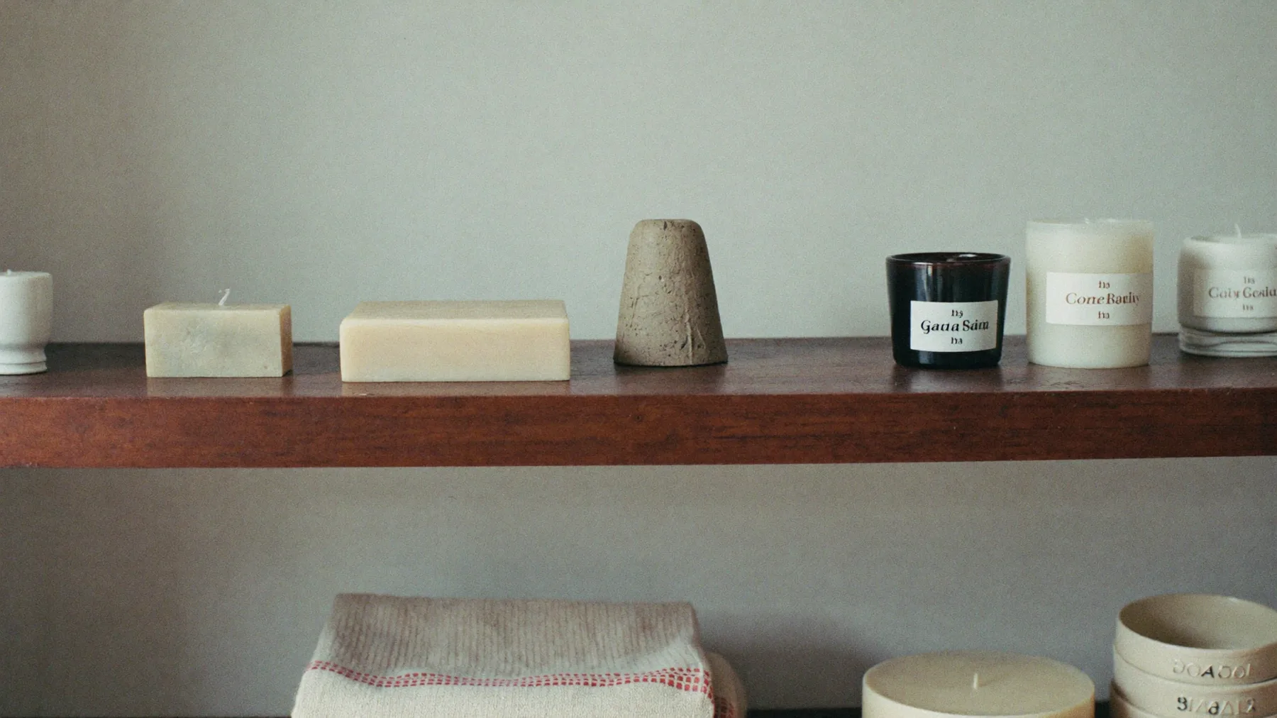 Wooden shop shelf of small-batch goods in cool window light