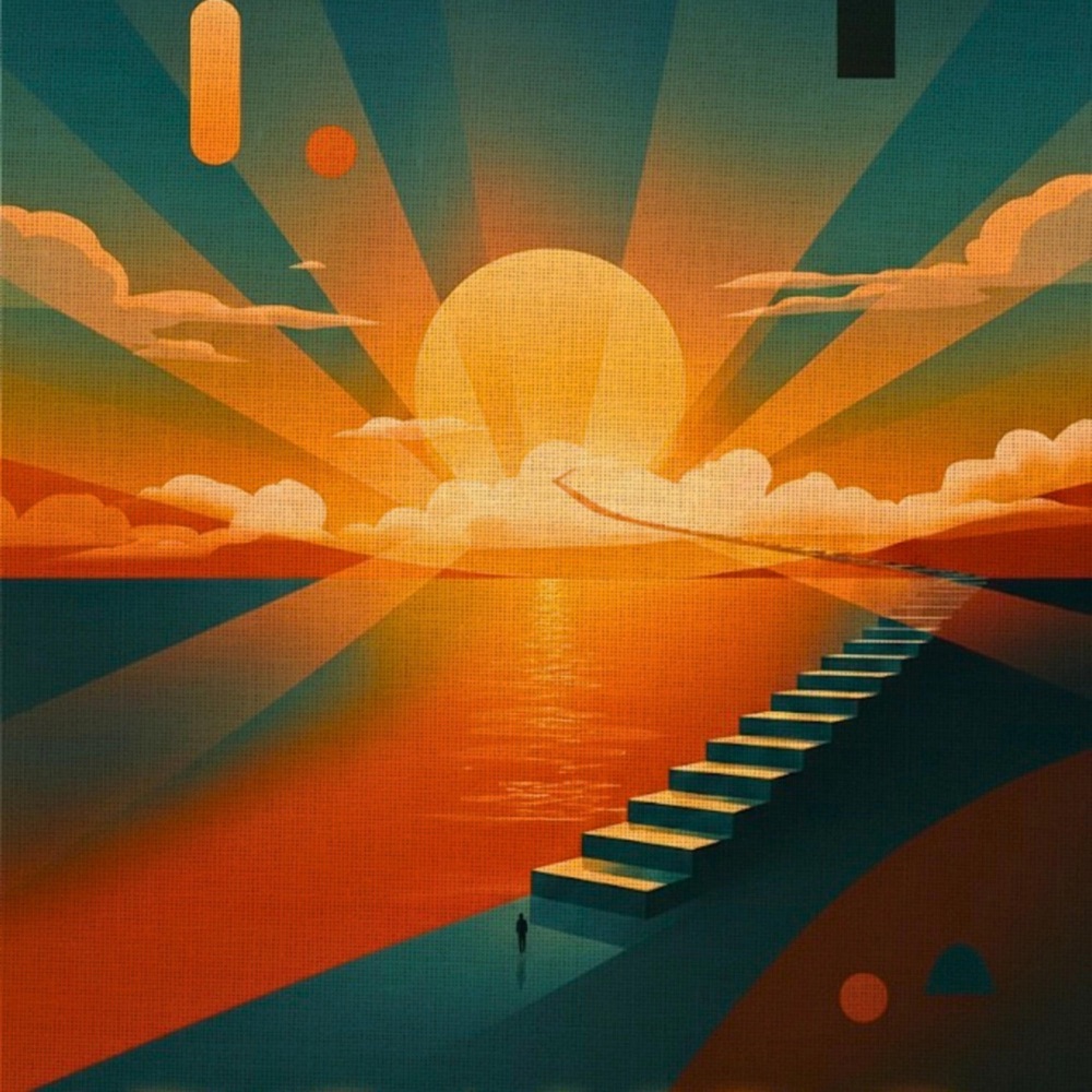 Echoes of Tomorrow — EP cover art: a stairway rising toward a low sun over water.