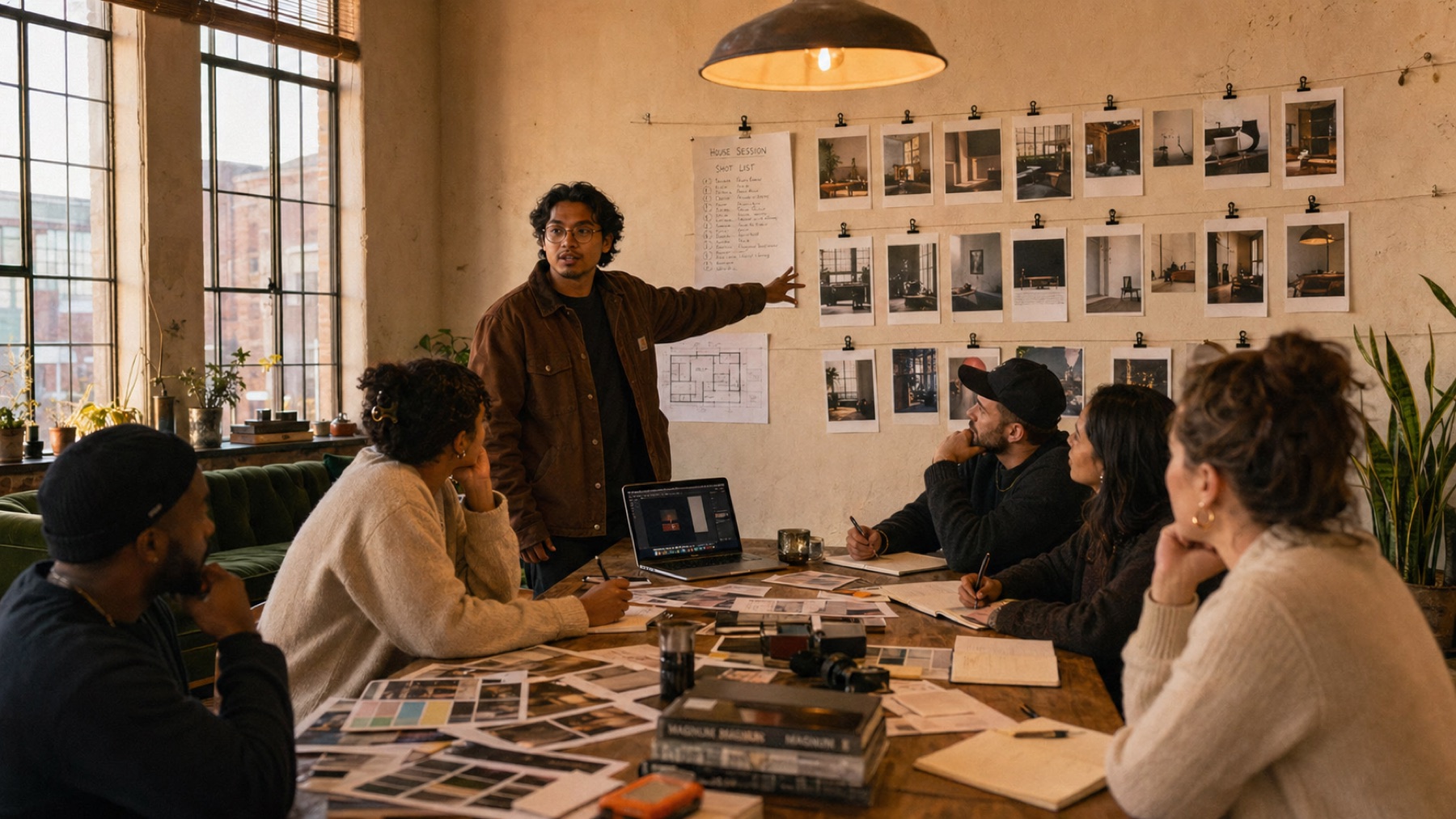 A SolHous director walking the team through a pinned shot list during a joint production.